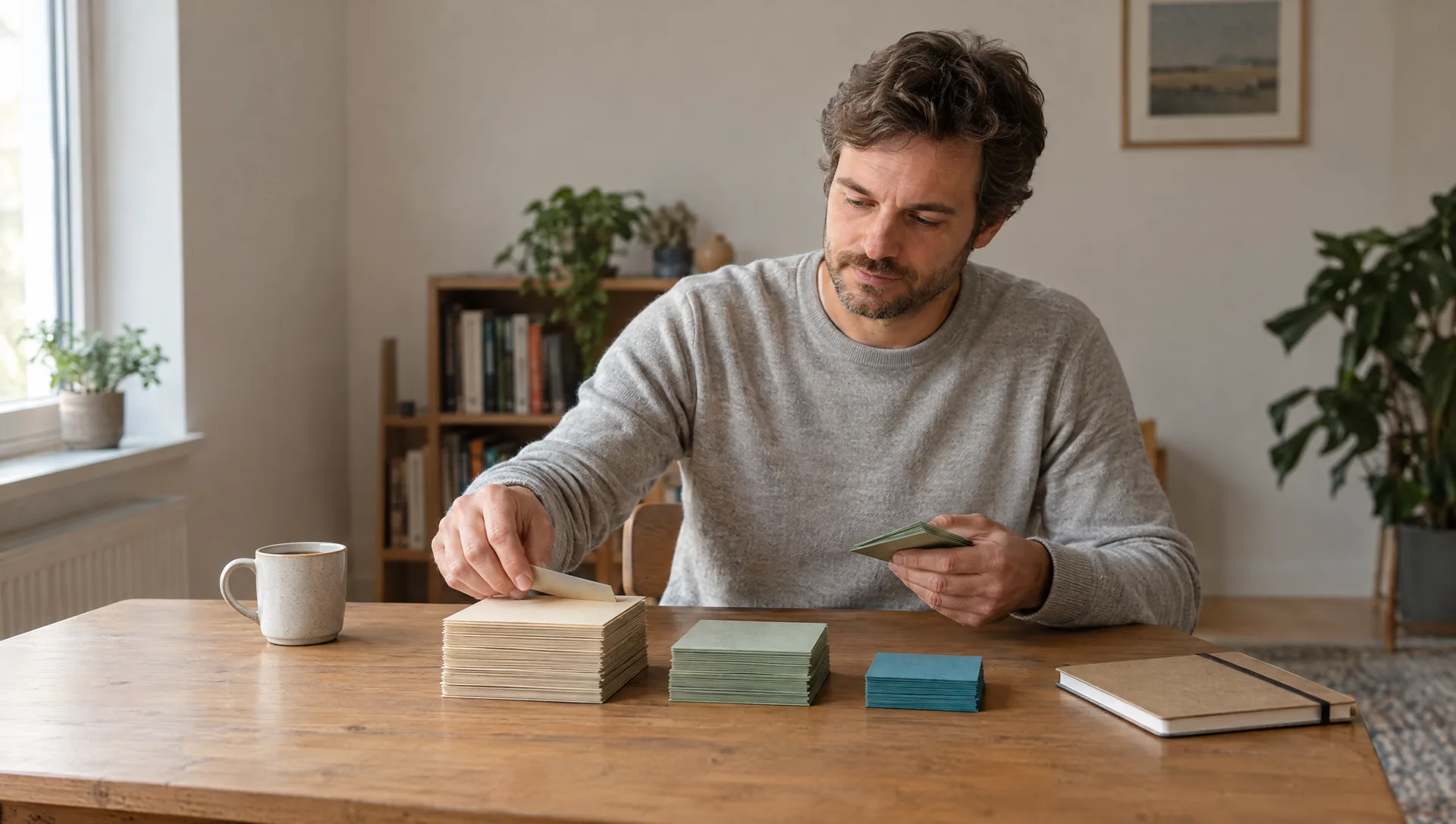 50-30-20-regel-titelbild Ein Mann in grauem Pullover sitzt an einem Holztisch am Fenster und sortiert Karteikarten in drei Stapel unterschiedlicher Größe in Sandfarbe, Salbeigrün und Petrol, daneben stehen eine Tasse Kaffee und ein geschlossenes Notizbuch.