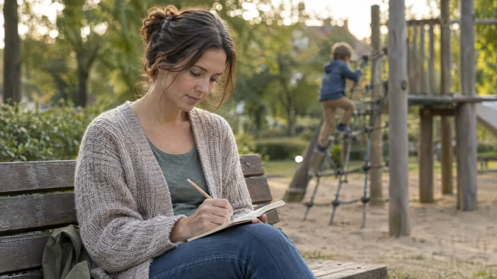 Symbolbild zum Thema alleinerziehend Geld verdienen: Eine Frau in grauer Strickjacke sitzt auf einer Parkbank und schreibt in ein Notizbuch, im Hintergrund klettert ein Kind auf einem Spielplatzgerüst.