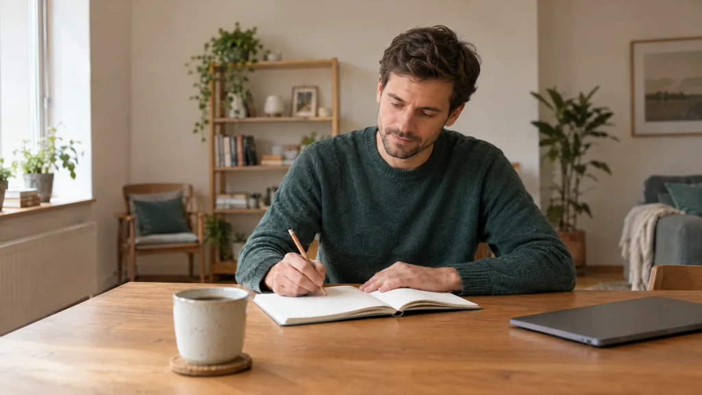 Ein Mann in grünem Pullover sitzt in einer hellen Wohnung an einem Holztisch und schreibt mit einem Bleistift in ein Notizbuch, vorne steht eine Tasse Kaffee, rechts liegt ein zugeklappter Laptop.
