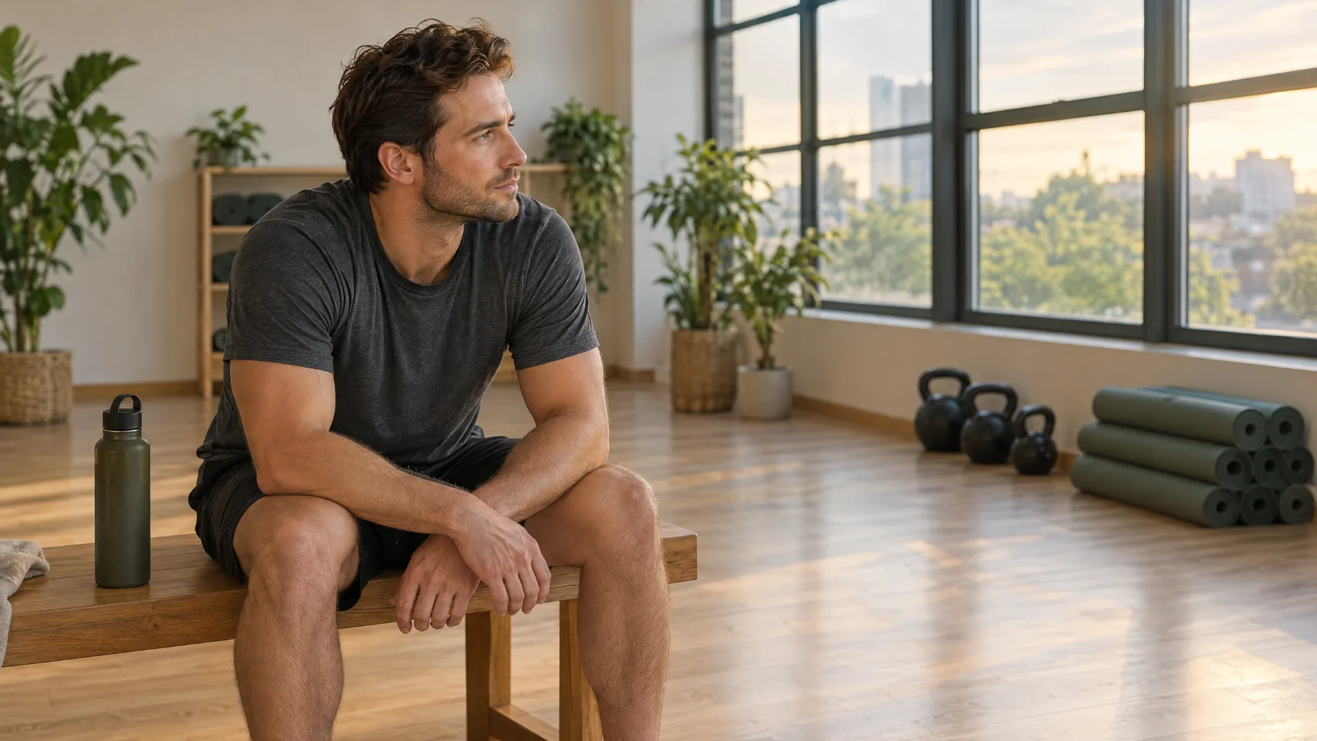 Symbolbild zum Thema Fitnesstrainer Nebenverdienst: Ein Trainer in grauem T-Shirt sitzt nach dem Kurs auf einer Holzbank in einem leeren, hellen Kursraum und blickt aus dem Fenster, im Hintergrund liegen Kettlebells und gerollte Matten.