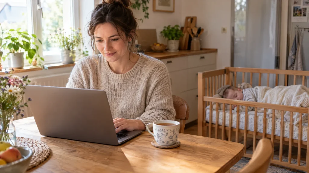 Symbolbild zum Thema Geld verdienen in der Elternzeit: Eine Frau arbeitet am Küchentisch an einem Laptop, im Hintergrund schläft ein Baby in einem Holzbettchen.