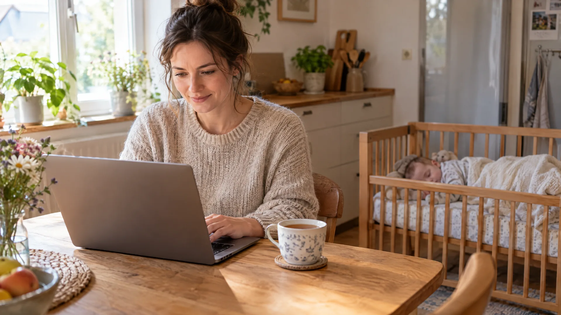 Symbolbild zum Thema Geld verdienen in der Elternzeit: Eine Frau arbeitet am Küchentisch an einem Laptop, im Hintergrund schläft ein Baby in einem Holzbettchen.