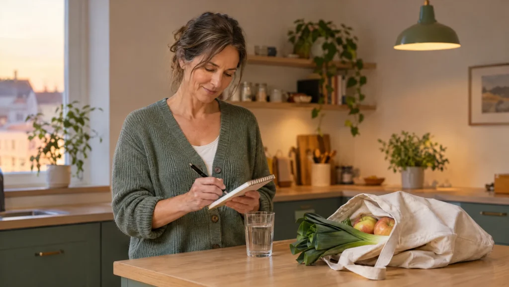 Eine Frau in grüner Strickjacke steht in einer hellen Küche an der Arbeitsplatte und notiert mit einem Stift etwas in ein kleines Ringbuch, daneben stehen ein Glas Wasser und ein Stoffbeutel mit Lauch und Äpfeln.