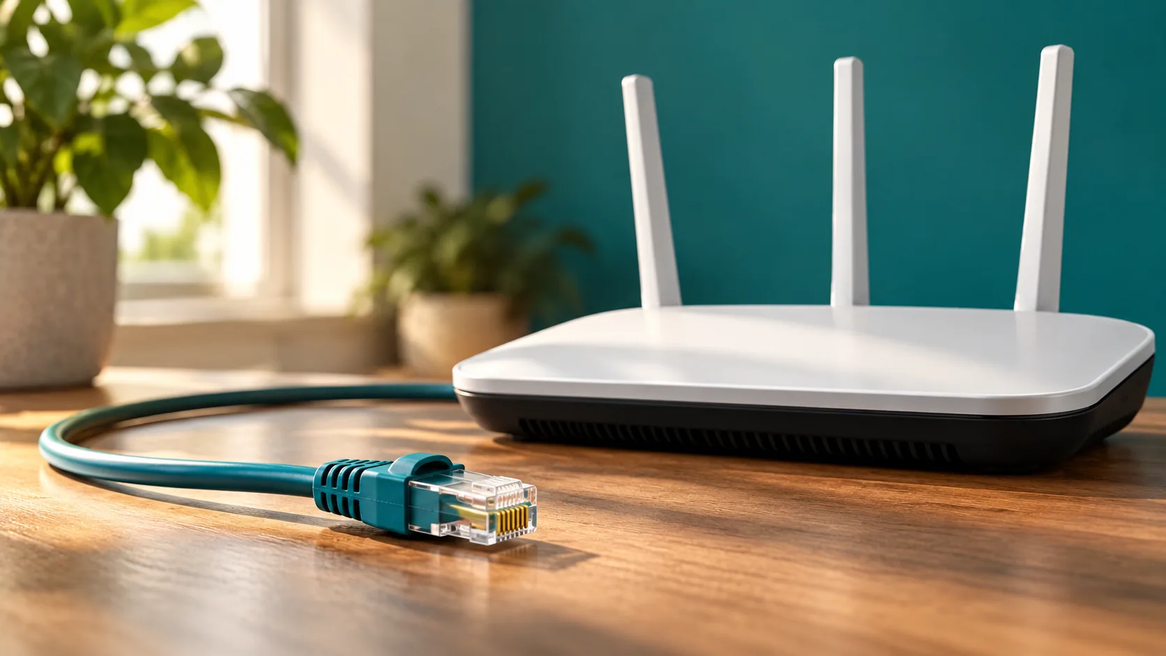 Weißer WLAN-Router mit drei Antennen auf einem Holztisch, davor ein petrolfarbenes Netzwerkkabel.