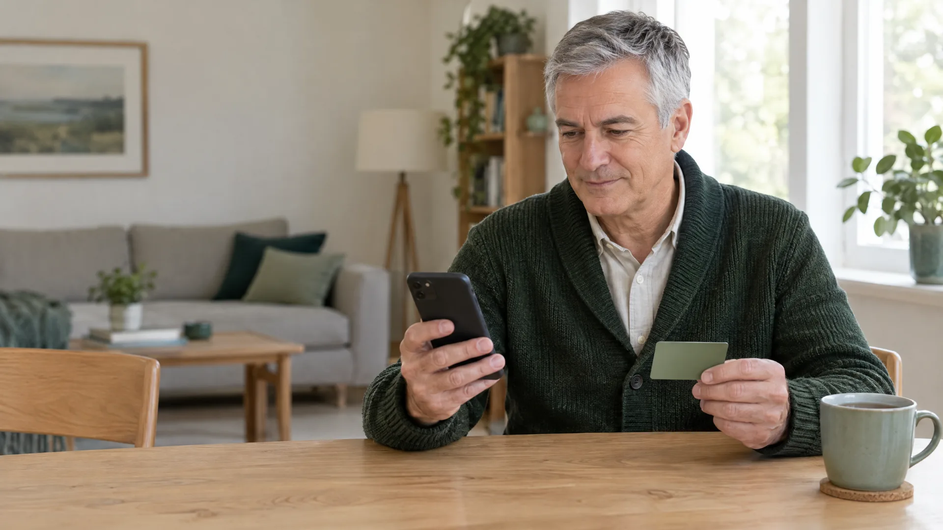 Symbolbild zum Thema Kontoführungsgebühren sparen: Mann sitzt am Esstisch und schaut mit einer Karte in der Hand gelassen auf sein Smartphone