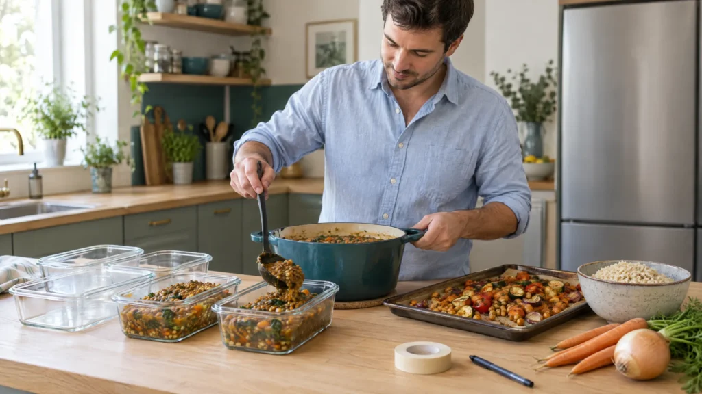 Symbolbild zum Thema Meal Prep für Anfänger: Mann füllt in der Küche Linseneintopf in Glasdosen, daneben ein Blech mit Ofengemüse und eine Schale Reis