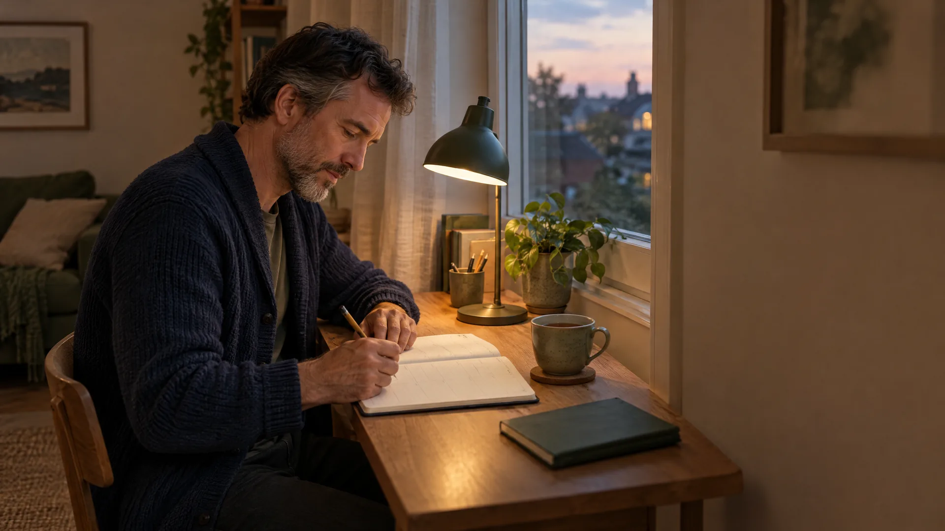 Ein Mann in dunkelblauer Strickjacke sitzt am Abend an einem Holzschreibtisch am Fenster und trägt mit einem Bleistift Zeitblöcke in einen Wochenplaner ein, daneben stehen eine Tasse Tee und eine Schreibtischlampe.