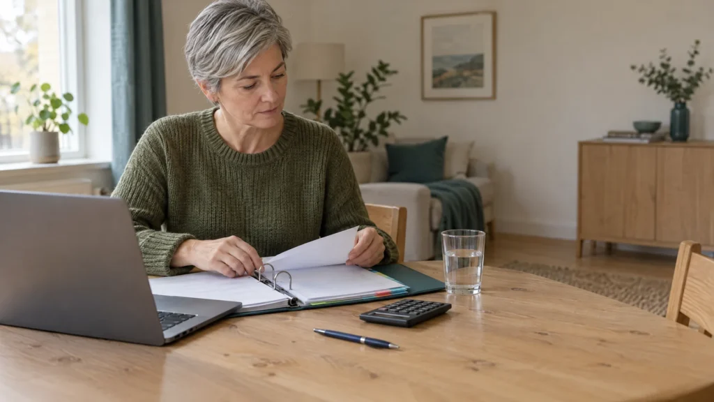 Symbolbild zum nebenberuflich selbstständigen Arbeiten: Eine Frau mit kurzem grauem Haar sitzt am Esstisch vor einem Laptop und heftet ein Blatt in einen Aktenordner mit farbigen Registern, daneben liegen ein Taschenrechner und ein Kugelschreiber.
