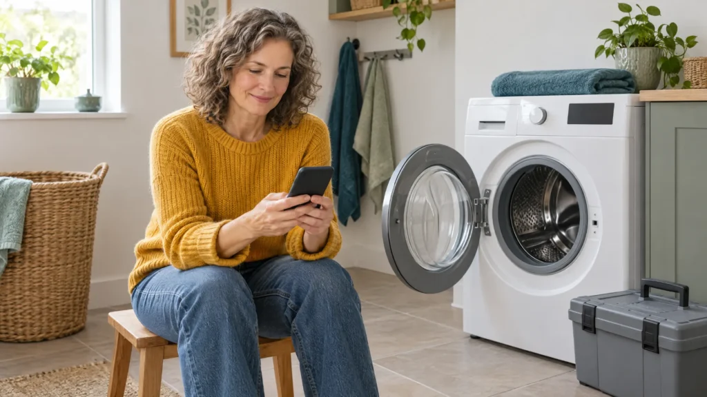 Symbolbild zum Thema Notgroschen: Frau sitzt neben einer geöffneten Waschmaschine und schaut gelassen auf ihr Smartphone