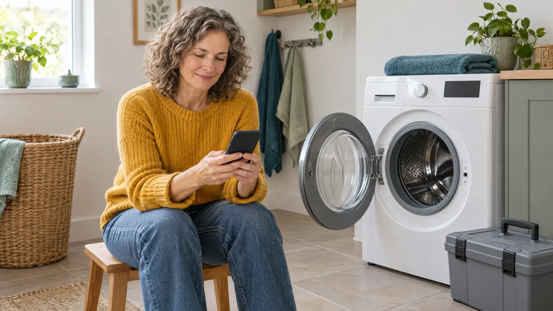 Symbolbild zum Thema Notgroschen: Frau sitzt neben einer geöffneten Waschmaschine und schaut gelassen auf ihr Smartphone