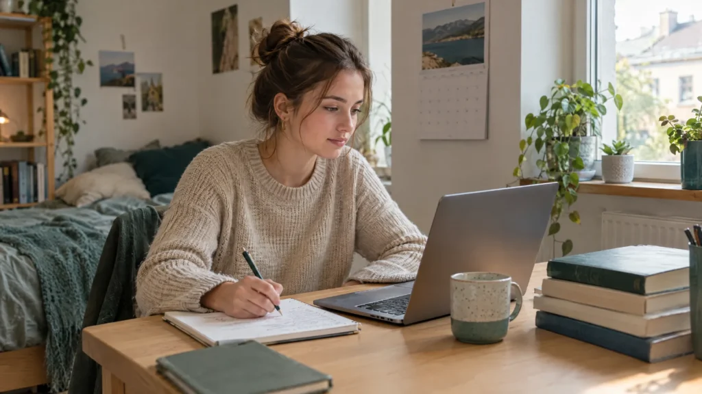 Symbolbild zum Thema selbstständig neben dem Studium: Junge Frau arbeitet am Schreibtisch mit Laptop und Collegeblock