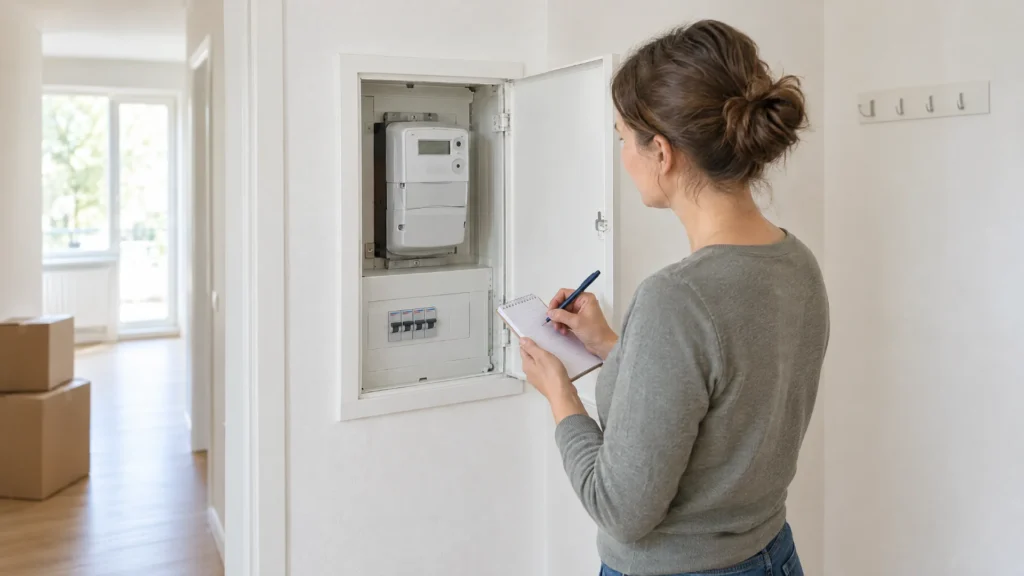 Eine Frau steht vor einem geöffneten Stromzählerschrank und notiert den Zählerstand auf einem Notizblock. Im Hintergrund sind Umzugskartons zu sehen.