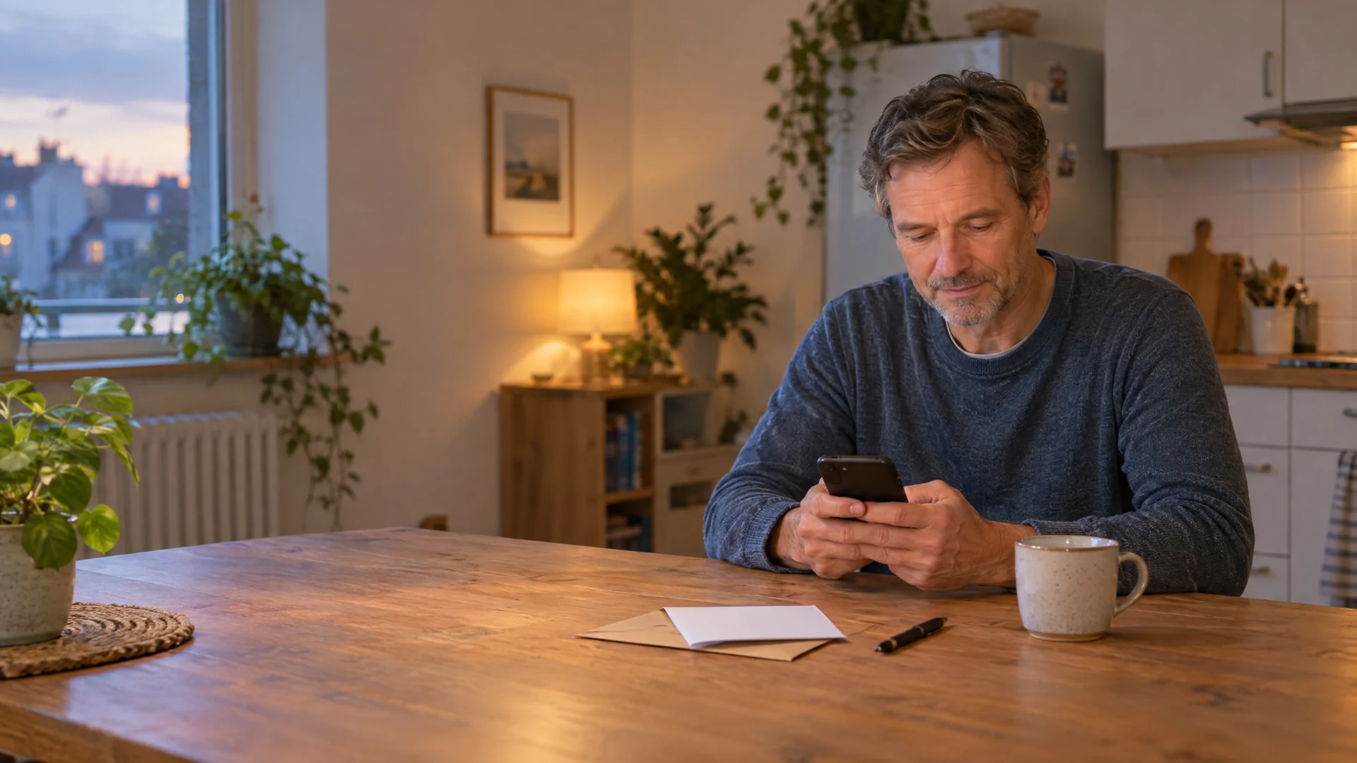 Ein Mann sitzt am Küchentisch und tippt auf seinem Smartphone, daneben liegen ein geöffneter Briefumschlag, ein Stift und eine Tasse.