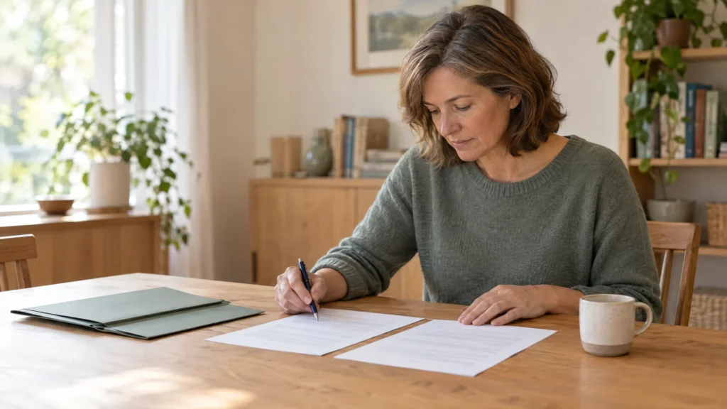 Symbolbild zum Thema Stromrechnung prüfen: Eine Frau sitzt am Esstisch und geht mit einem Stift ihre Unterlagen durch. Zwei Dokumente liegen zum Vergleichen vor ihr.