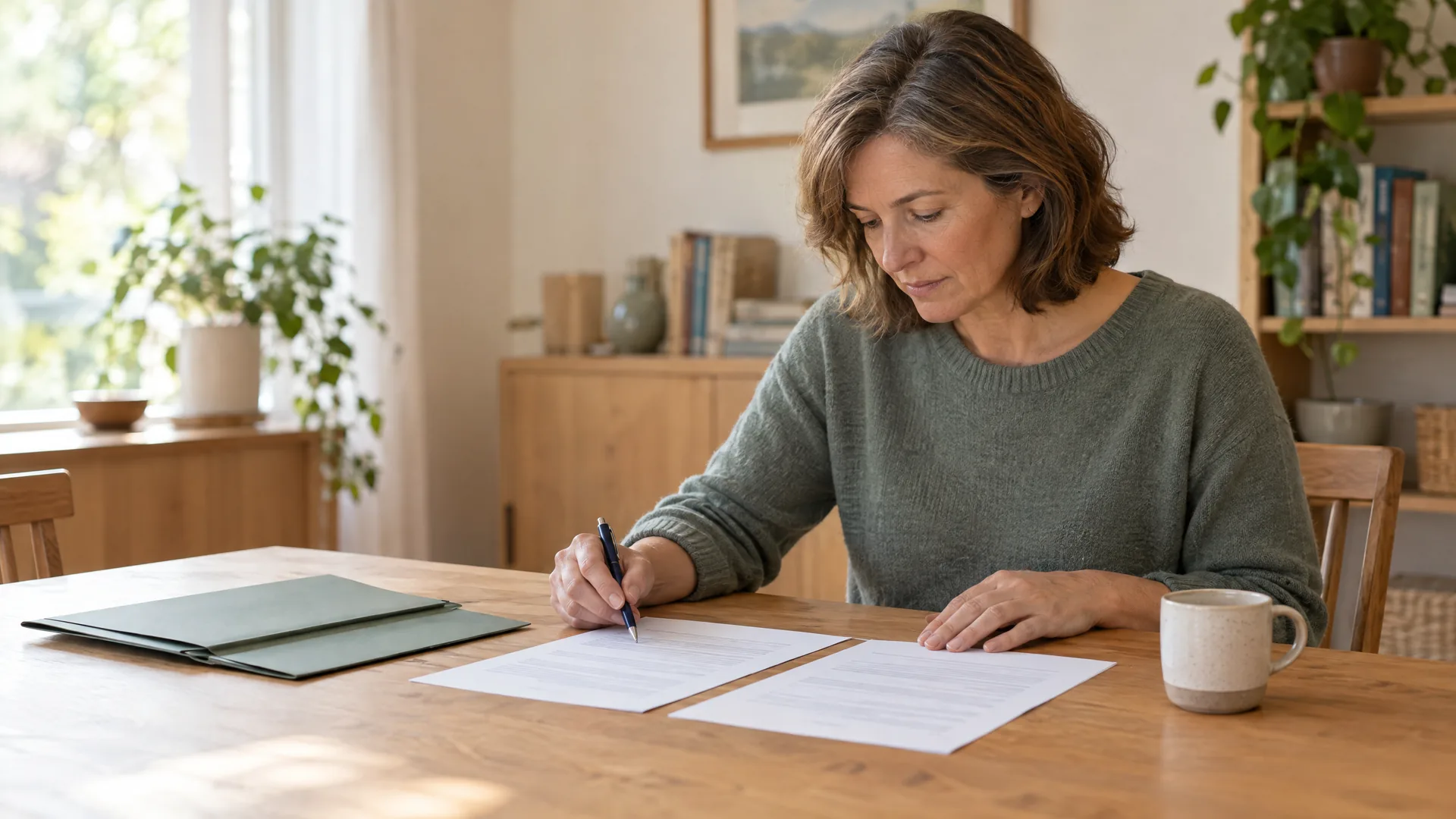 Symbolbild zum Thema Stromrechnung prüfen: Eine Frau sitzt am Esstisch und geht mit einem Stift ihre Unterlagen durch. Zwei Dokumente liegen zum Vergleichen vor ihr.