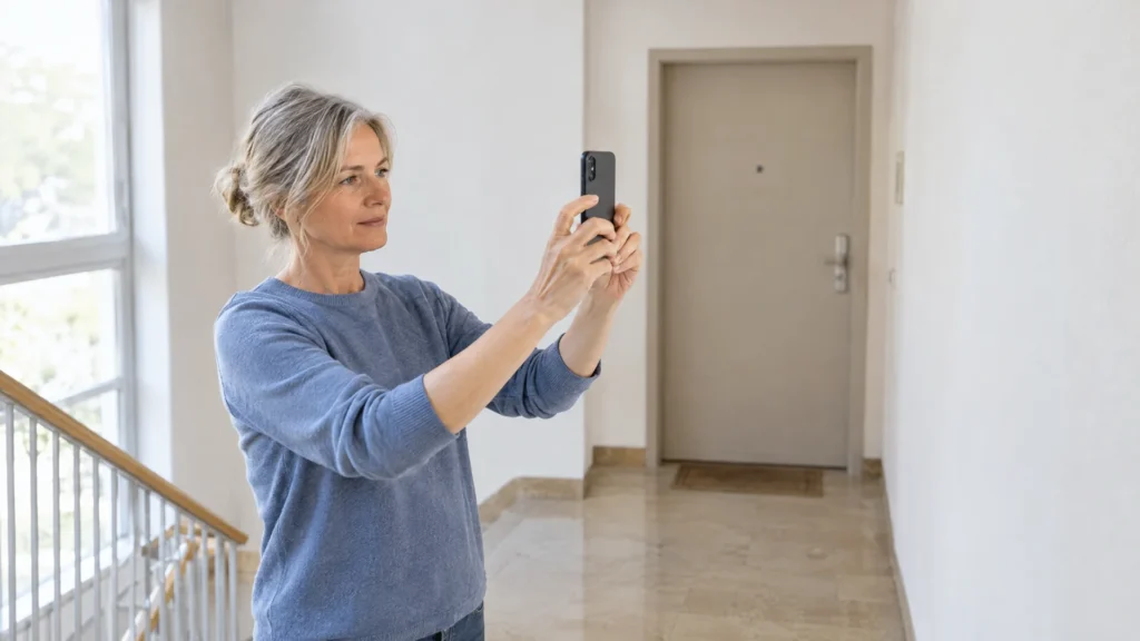 Eine Frau steht in einem hellen Hausflur und hält ihr Smartphone hoch, um etwas außerhalb des Bildes zu fotografieren.