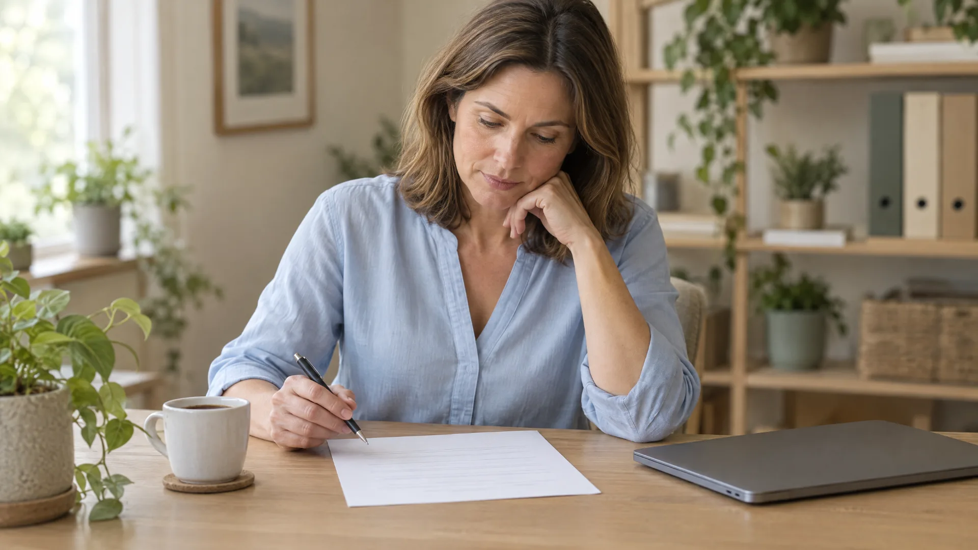 Symbolbild zum Thema Vertrieb ohne Erfahrung: Frau sitzt im Homeoffice am Schreibtisch und arbeitet sich in Unterlagen ein