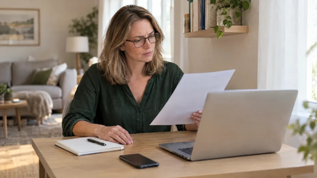 Symbolbild zum Thema von zu Hause Geld verdienen: Eine Frau sitzt an einem kleinen Schreibtisch im Wohnzimmer und prüft ein ausgedrucktes Angebot, vor ihr steht ein aufgeklappter Laptop.