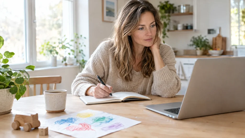 Symbolbild für den Wiedereinstieg nach der Familienpause: Eine Mutter in hellem Strickpullover sitzt am Küchentisch vor einem Laptop und macht sich Notizen, daneben stehen eine Kaffeetasse, eine Kinderzeichnung und ein Holzspielzeugauto.