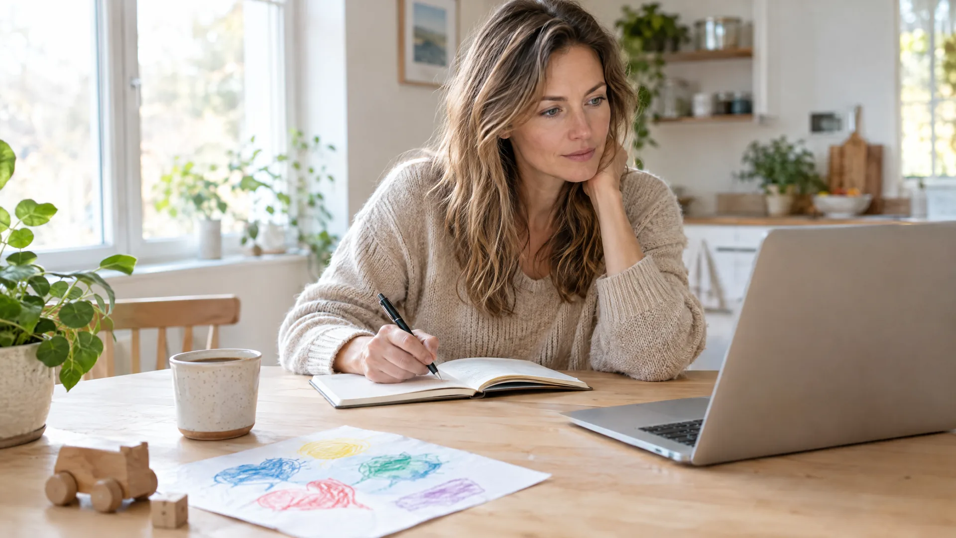 Symbolbild für den Wiedereinstieg nach der Familienpause: Eine Mutter in hellem Strickpullover sitzt am Küchentisch vor einem Laptop und macht sich Notizen, daneben stehen eine Kaffeetasse, eine Kinderzeichnung und ein Holzspielzeugauto.
